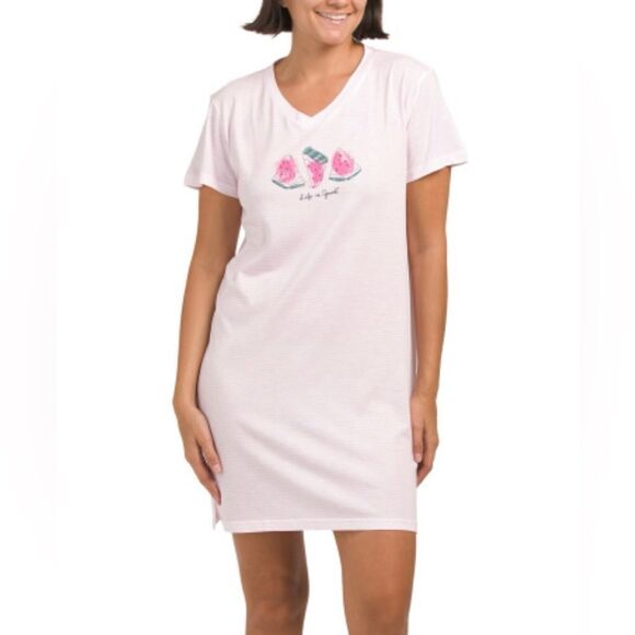 LIFE IS GOOD S M L Pink White Stripe Short Sleeve Watermelon Sleep Shirt - Picture 1 of 12